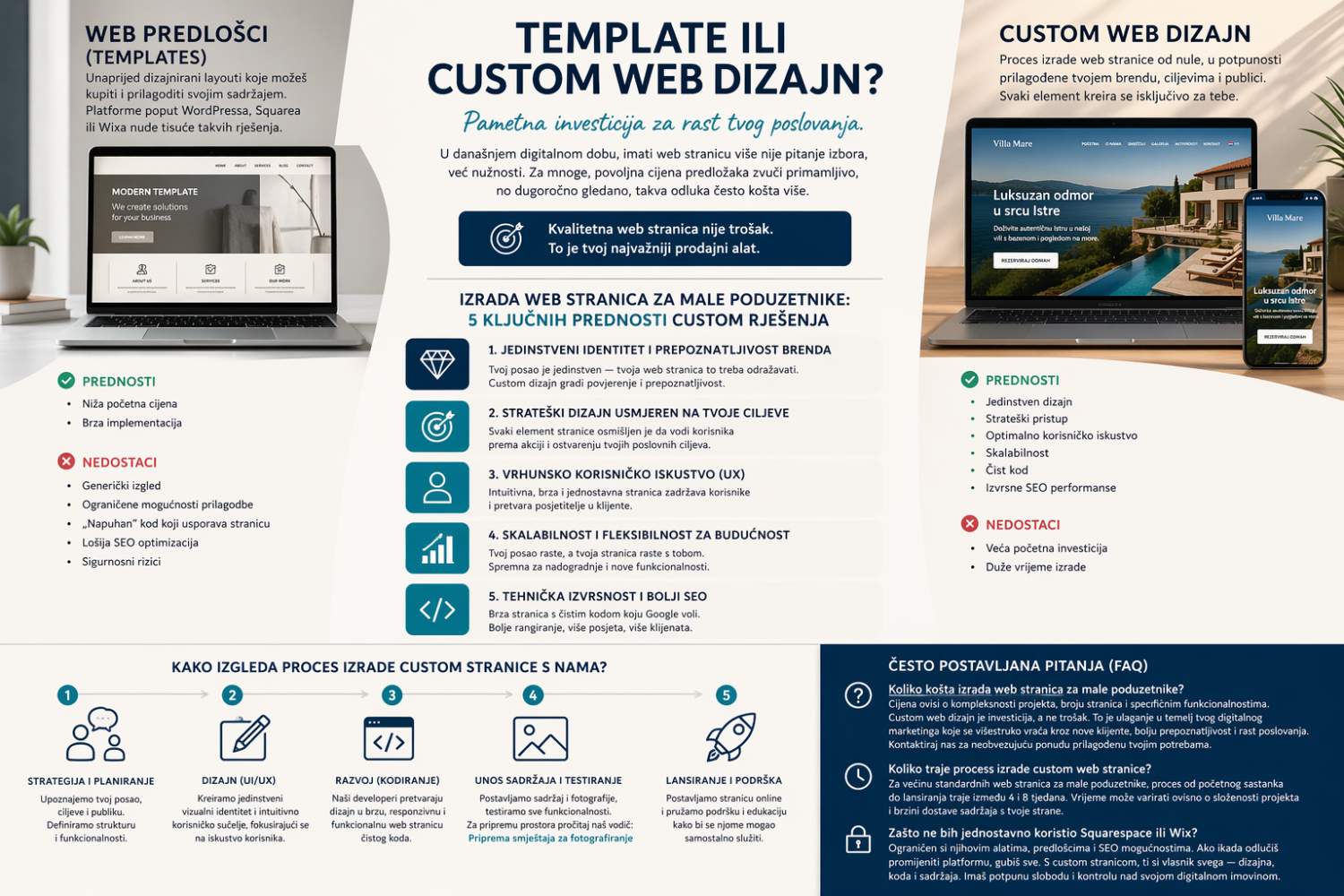 Infographic on real estate website development showing the difference between templates and custom design.